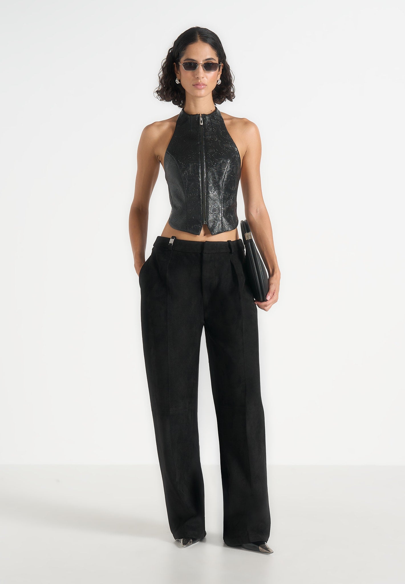 Claudette - Embossed Leather Halterneck Backless Top - Black