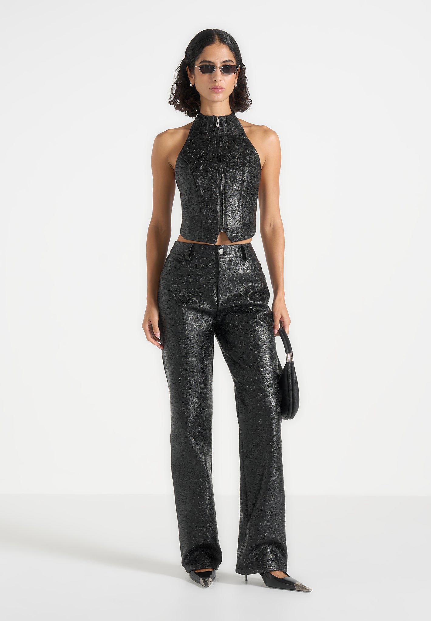 Ruth - Embossed Leather Mid Rise Trousers - Black