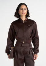 Monique - Satin Wide Shoulder Bomber Jacket - Brown