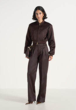 Monique - Satin Wide Shoulder Bomber Jacket - Brown