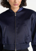 Monique - Satin Wide Shoulder Bomber Jacket - Navy