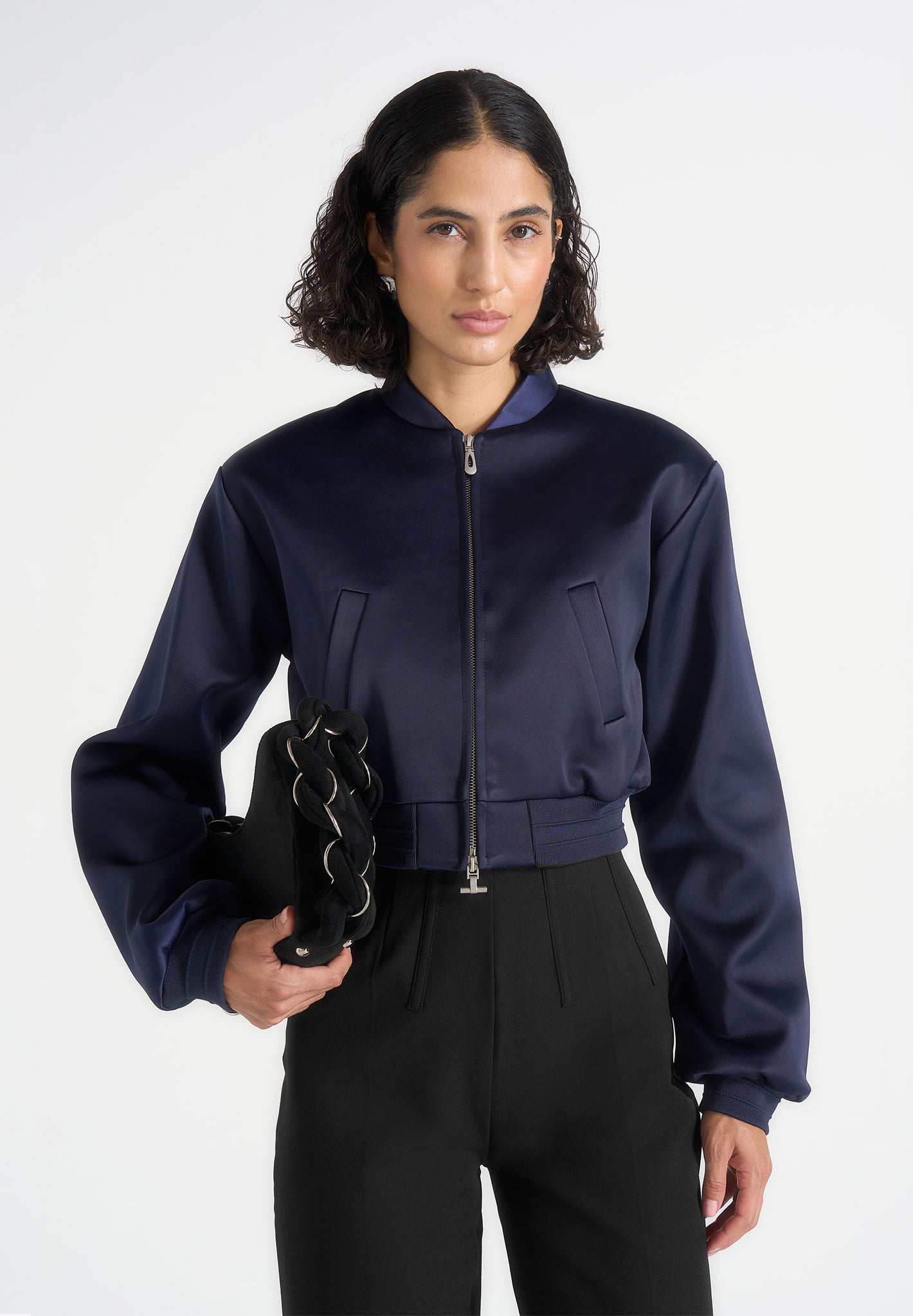 Monique - Satin Wide Shoulder Bomber Jacket - Navy