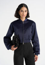 Monique - Satin Wide Shoulder Bomber Jacket - Navy