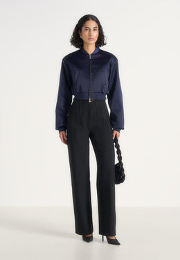 Monique - Satin Wide Shoulder Bomber Jacket - Navy