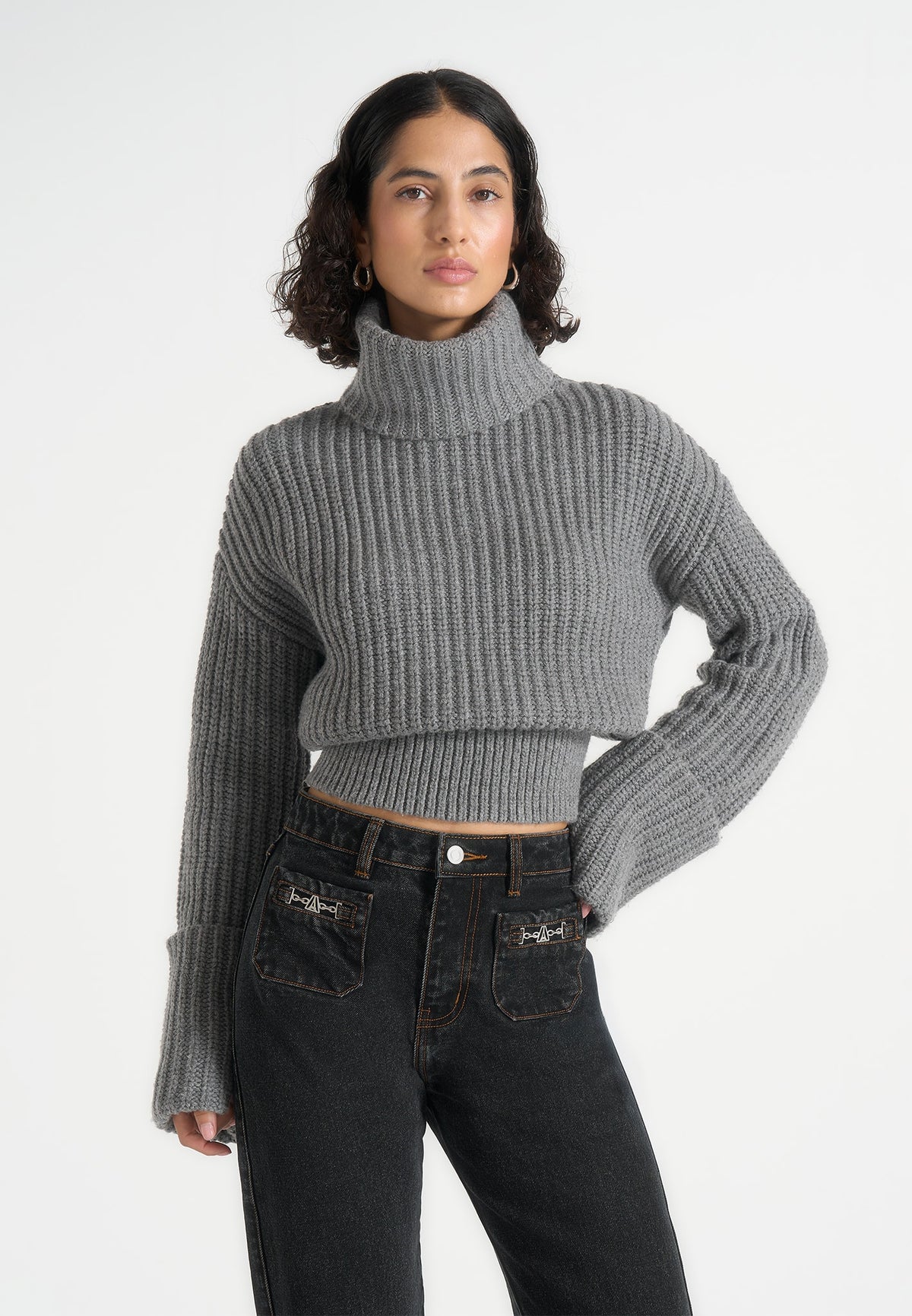 Amaya - Roll Neck Knit Jumper With Cuffs - Grey