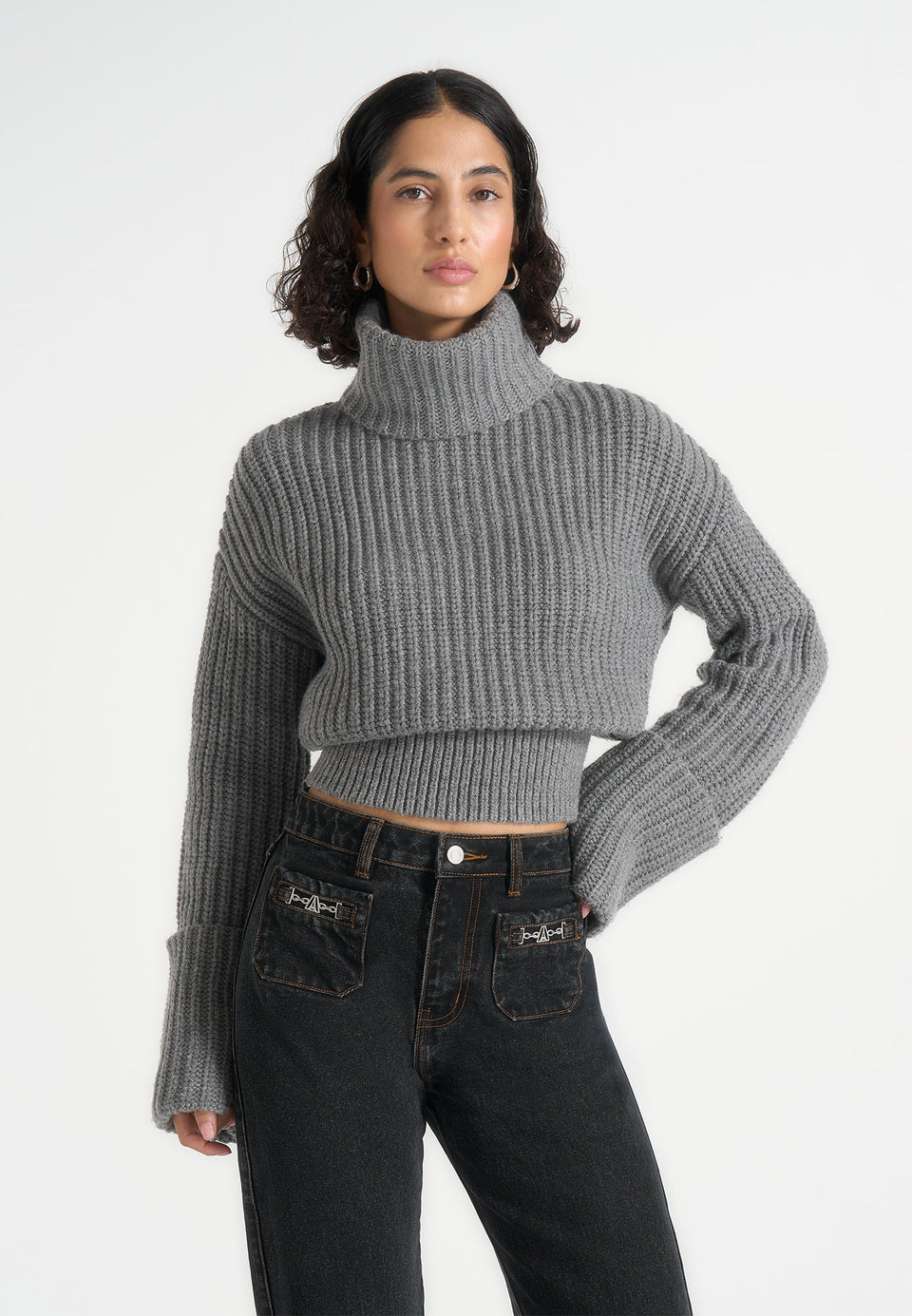 Amaya - Roll Neck Knit Jumper With Cuffs - Grey