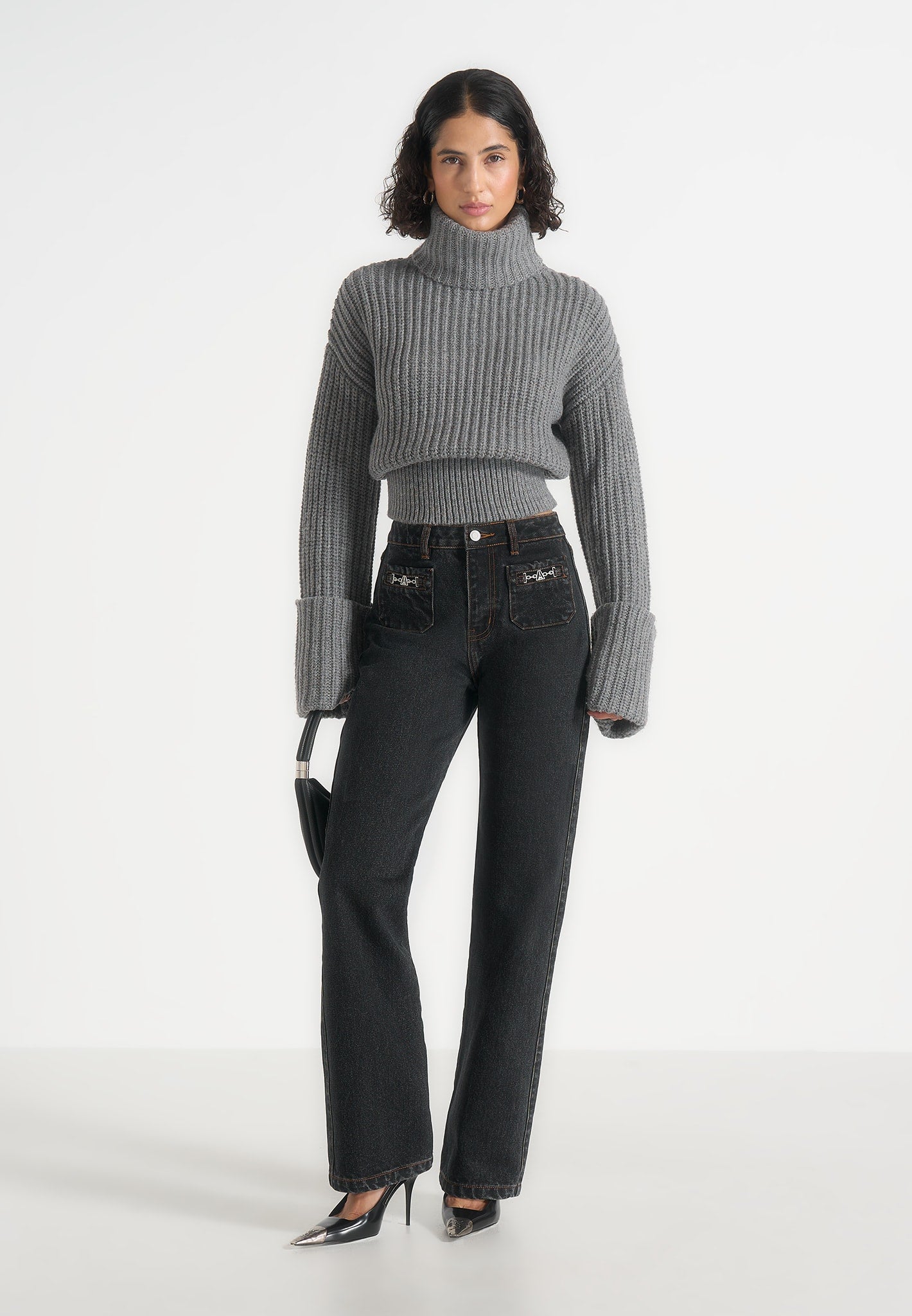Amaya - Roll Neck Knit Jumper With Cuffs - Grey