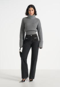 Amaya - Roll Neck Knit Jumper With Cuffs - Grey