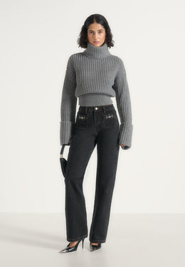 Amaya - Roll Neck Knit Jumper With Cuffs - Grey