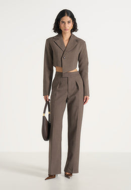 Dina - Asymmetric Tailored Cropped Blazer - Dark Taupe