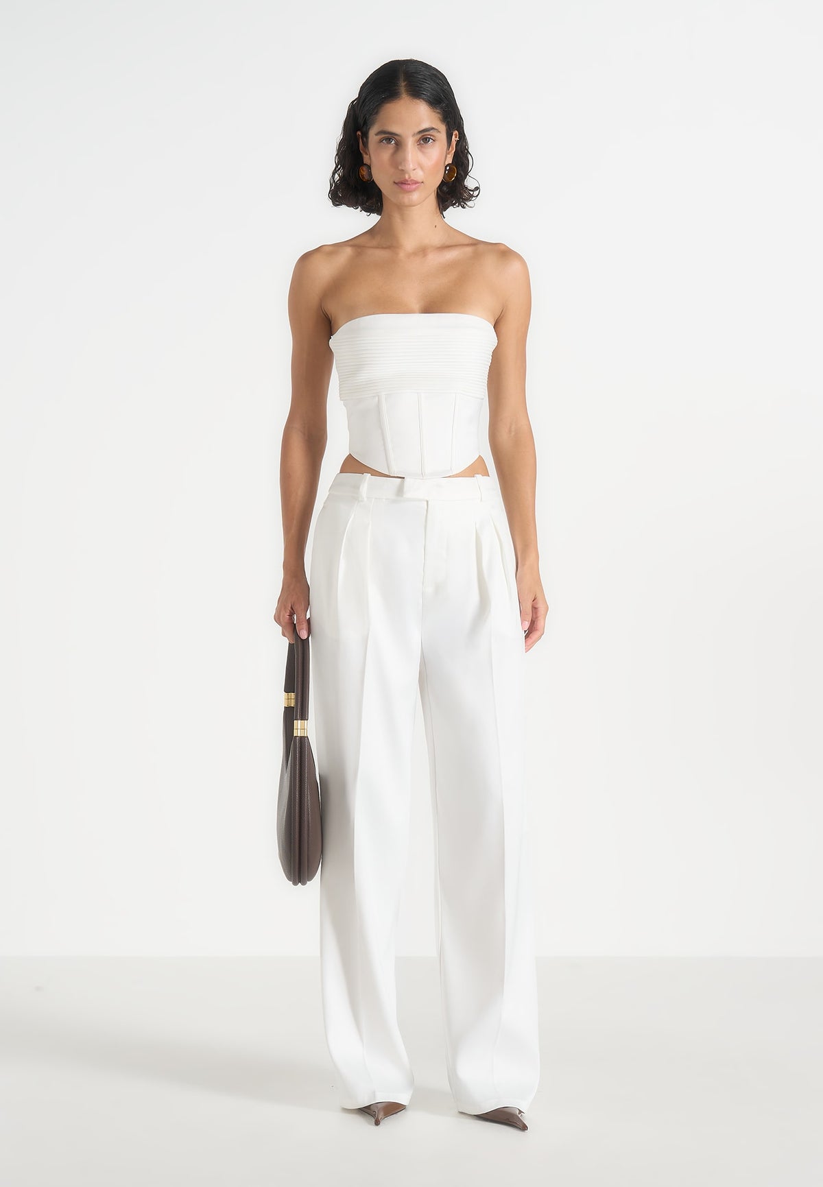 Cora - Satin Pintuck Bandeau Corset Top - Off White