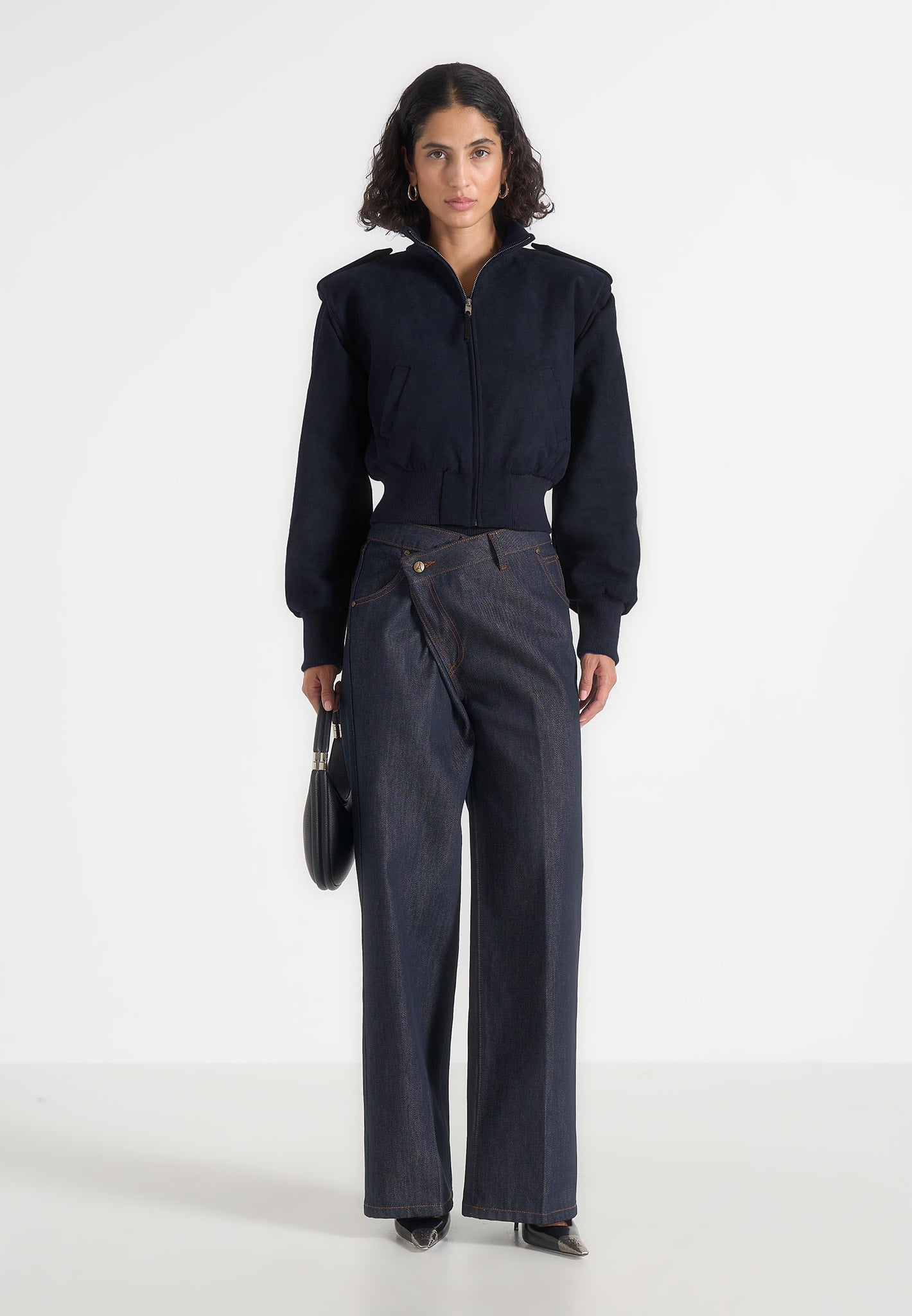 Delfina - Suede Layered-Shoulder Cropped Bomber Jacket - Navy