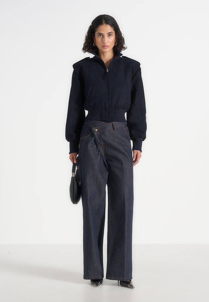 Delfina - Suede Layered-Shoulder Cropped Bomber Jacket - Navy