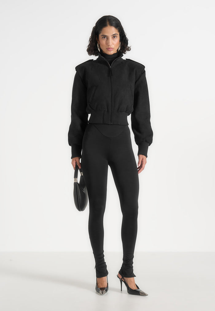 Delfina - Suede Layered-Shoulder Cropped Bomber Jacket- Black