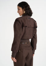 Delfina - Suede Layered-Shoulder Cropped Bomber Jacket - Brown