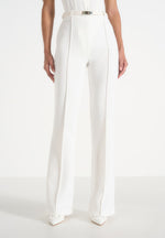 Quinn - High-Waisted Belted Fit & Flare Trousers – White