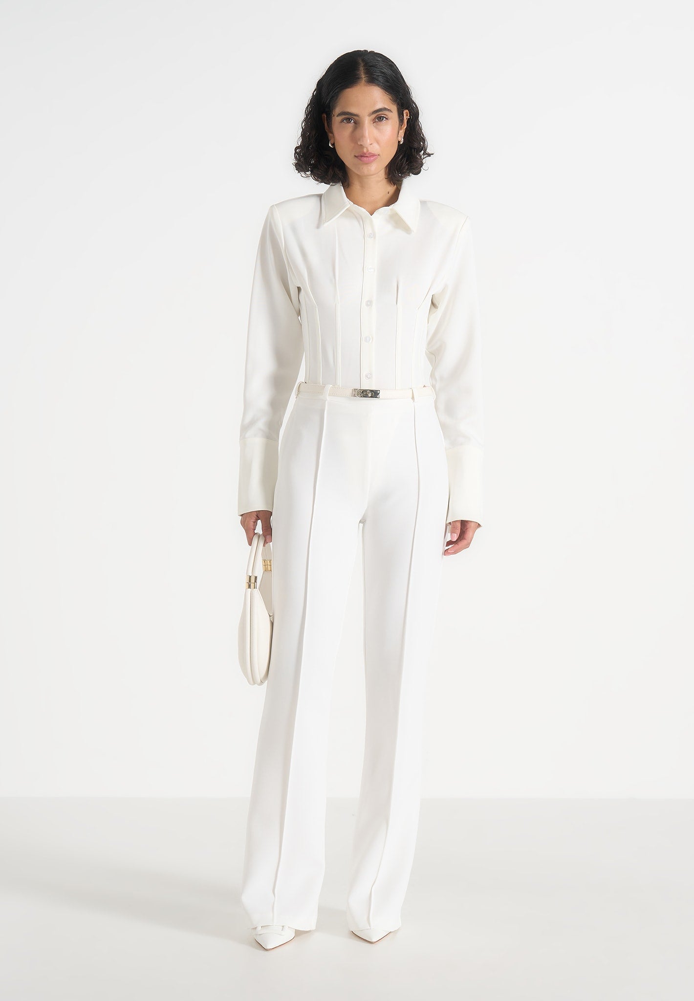 Quinn - High-Waisted Belted Fit & Flare Trousers – White