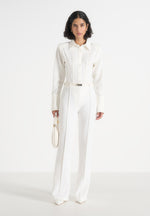 Quinn - High-Waisted Belted Fit & Flare Trousers – White