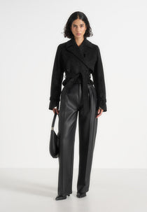Poppy - Cropped Suede Belted Biker Jacket - Black