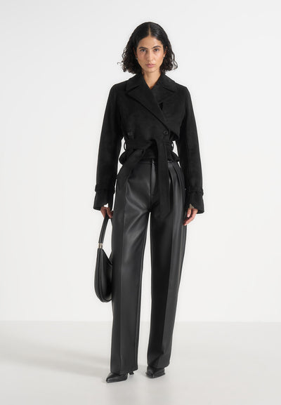 Poppy - Cropped Suede Belted Biker Jacket - Black