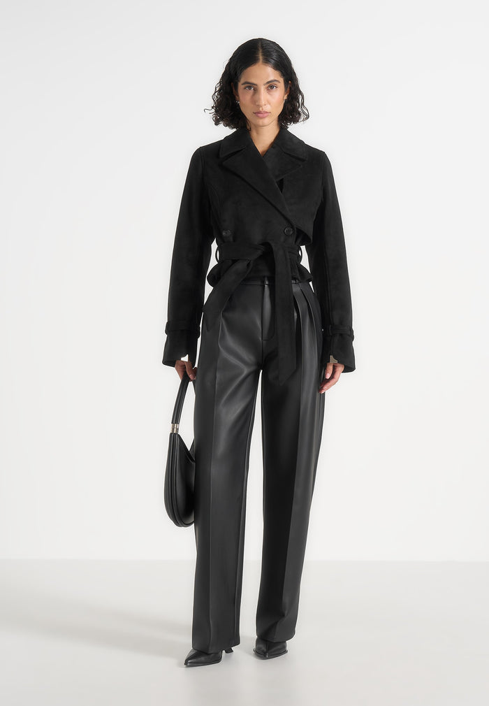 Poppy - Cropped Suede Belted Biker Jacket - Black