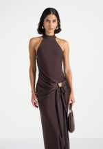 Willow - Halter Neck Clasp Detail Satin Sash Maxi Dress - Brown