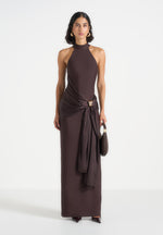 Willow - Halter Neck Clasp Detail Satin Sash Maxi Dress - Brown