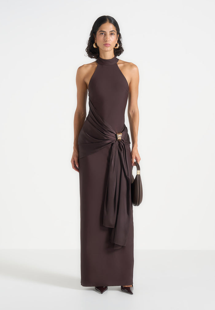 Willow - Halter Neck Clasp Detail Satin Sash Maxi Dress - Brown