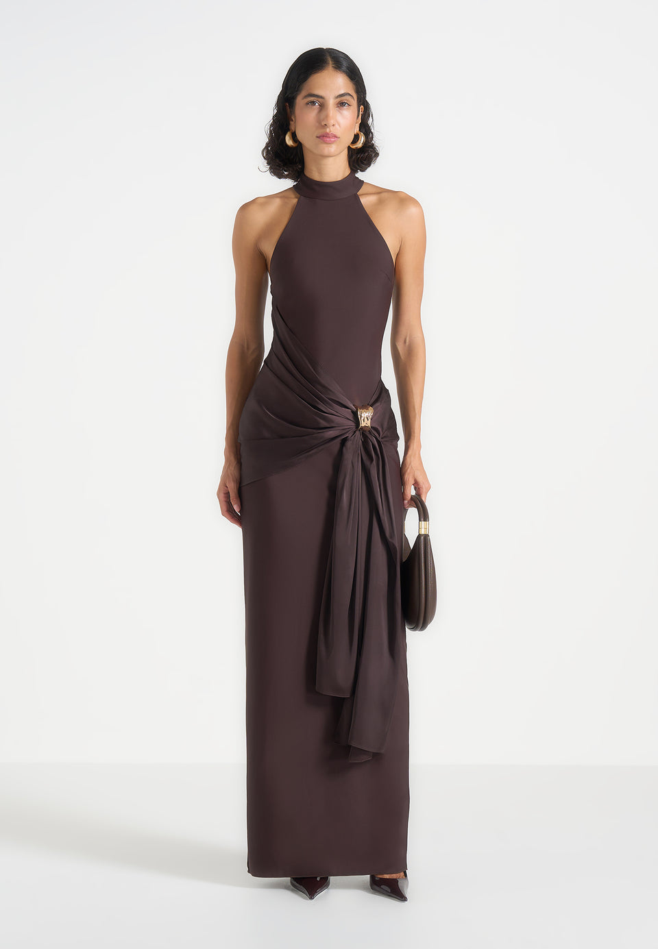 Willow - Halter Neck Clasp Detail Satin Sash Maxi Dress - Brown
