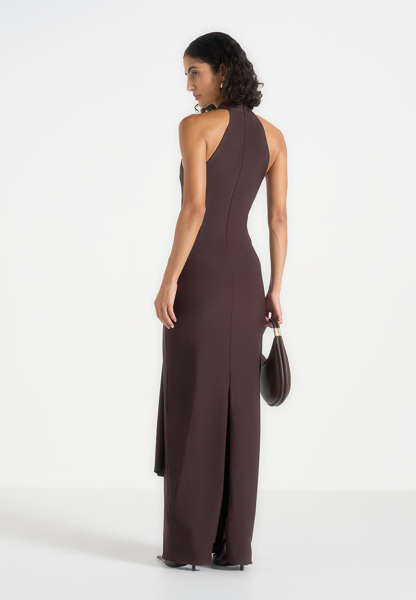 Willow - Halter Neck Clasp Detail Satin Sash Maxi Dress - Brown