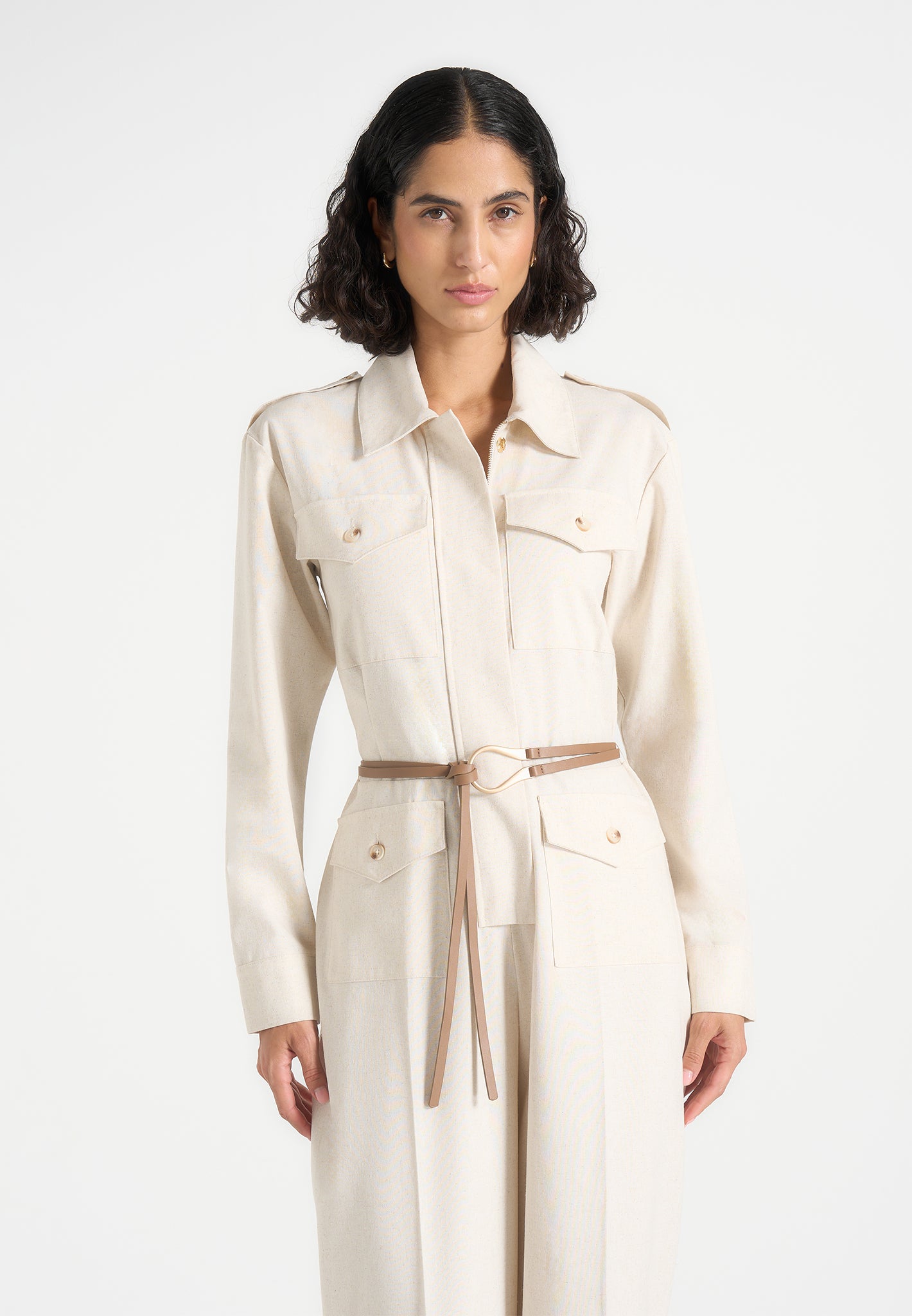 Ruby - Linen Belted Utility Jumpsuit - Natural