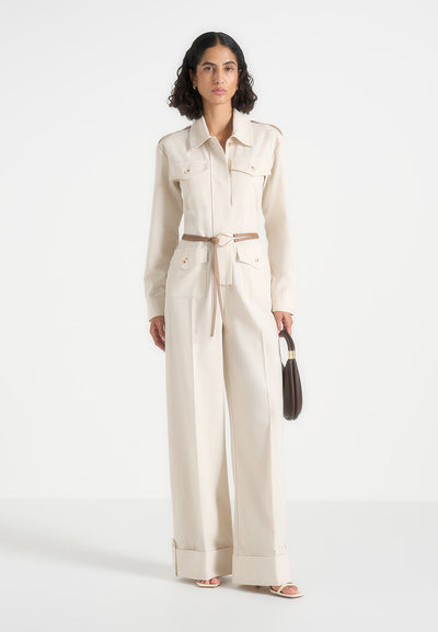 Ruby - Linen Belted Utility Jumpsuit - Natural