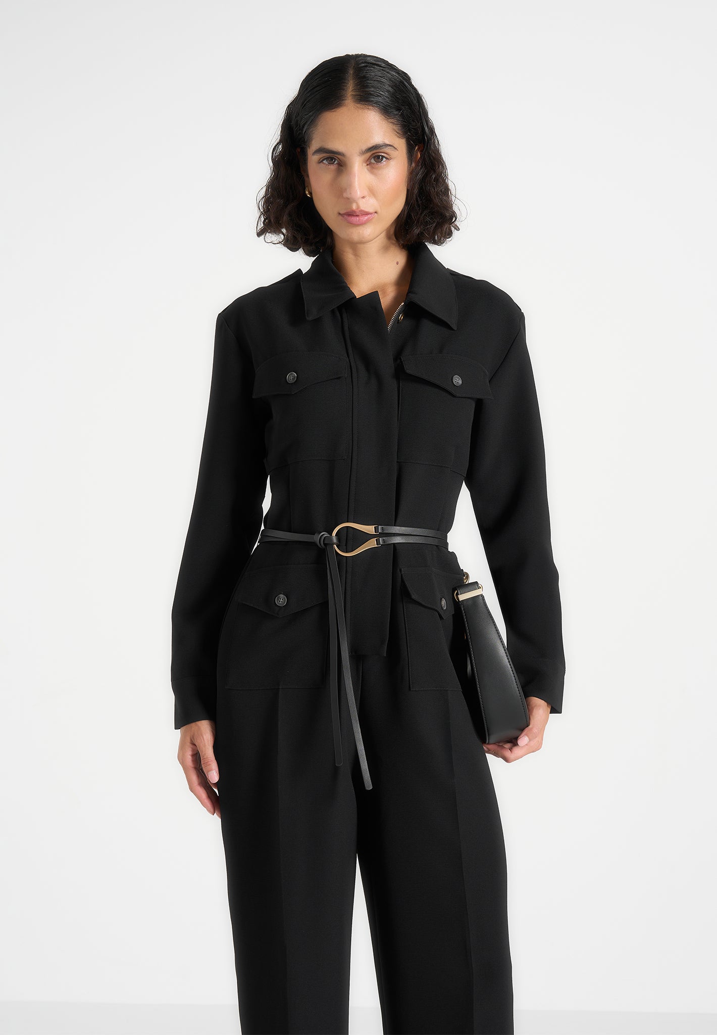 Ruby - Tailored Crepe Belted Utility Jumpsuit - Black