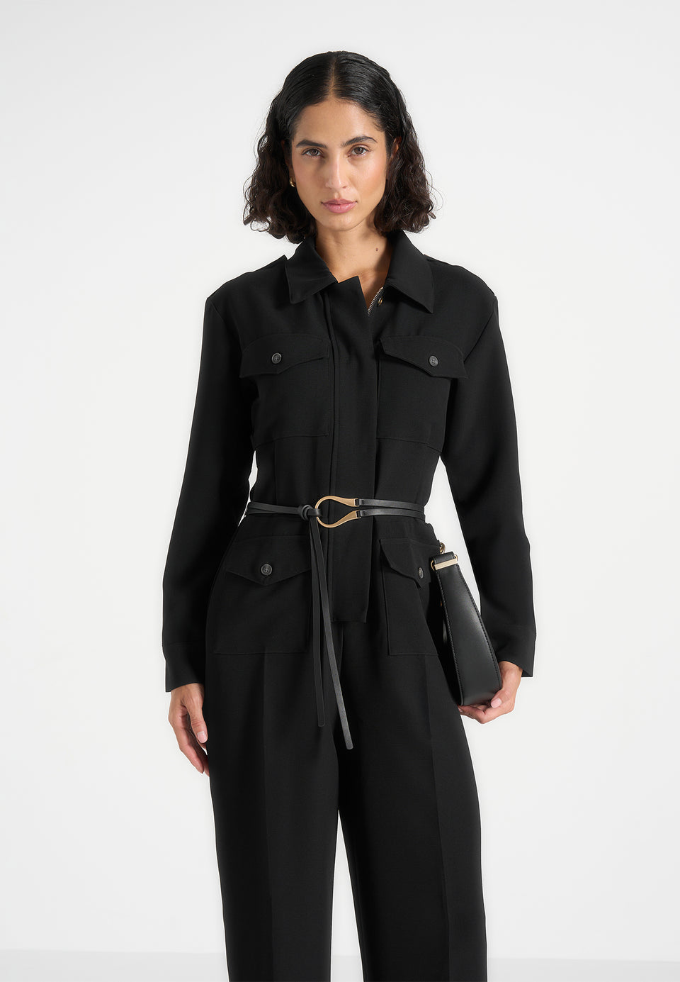 Ruby - Tailored Crepe Belted Utility Jumpsuit - Black
