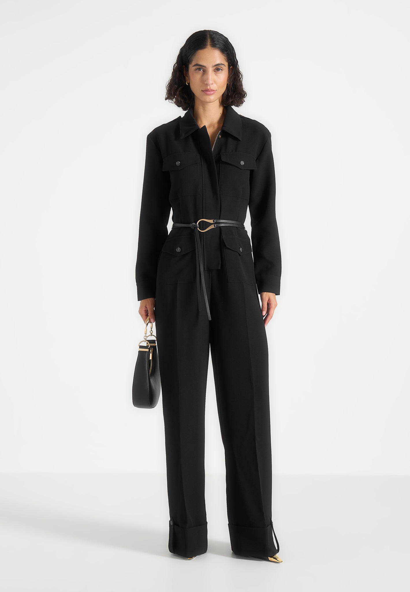 Ruby - Tailored Crepe Belted Utility Jumpsuit - Black