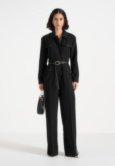 Ruby - Tailored Crepe Belted Utility Jumpsuit - Black