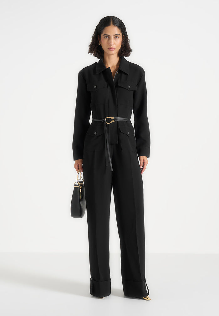 Ruby - Tailored Crepe Belted Utility Jumpsuit - Black