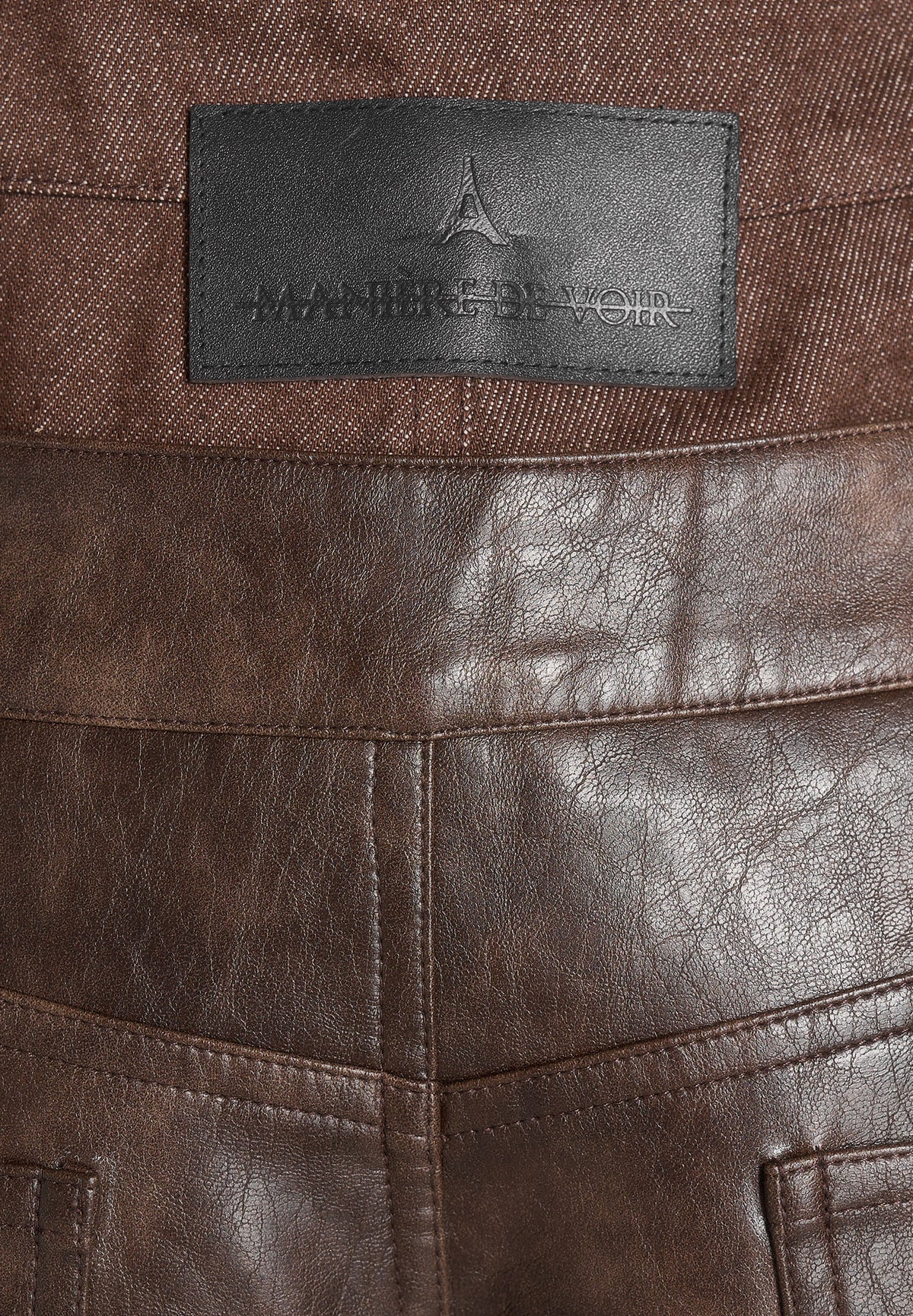 Carmen - Double Waistband Vintage Leather & Denim Trousers - Brown