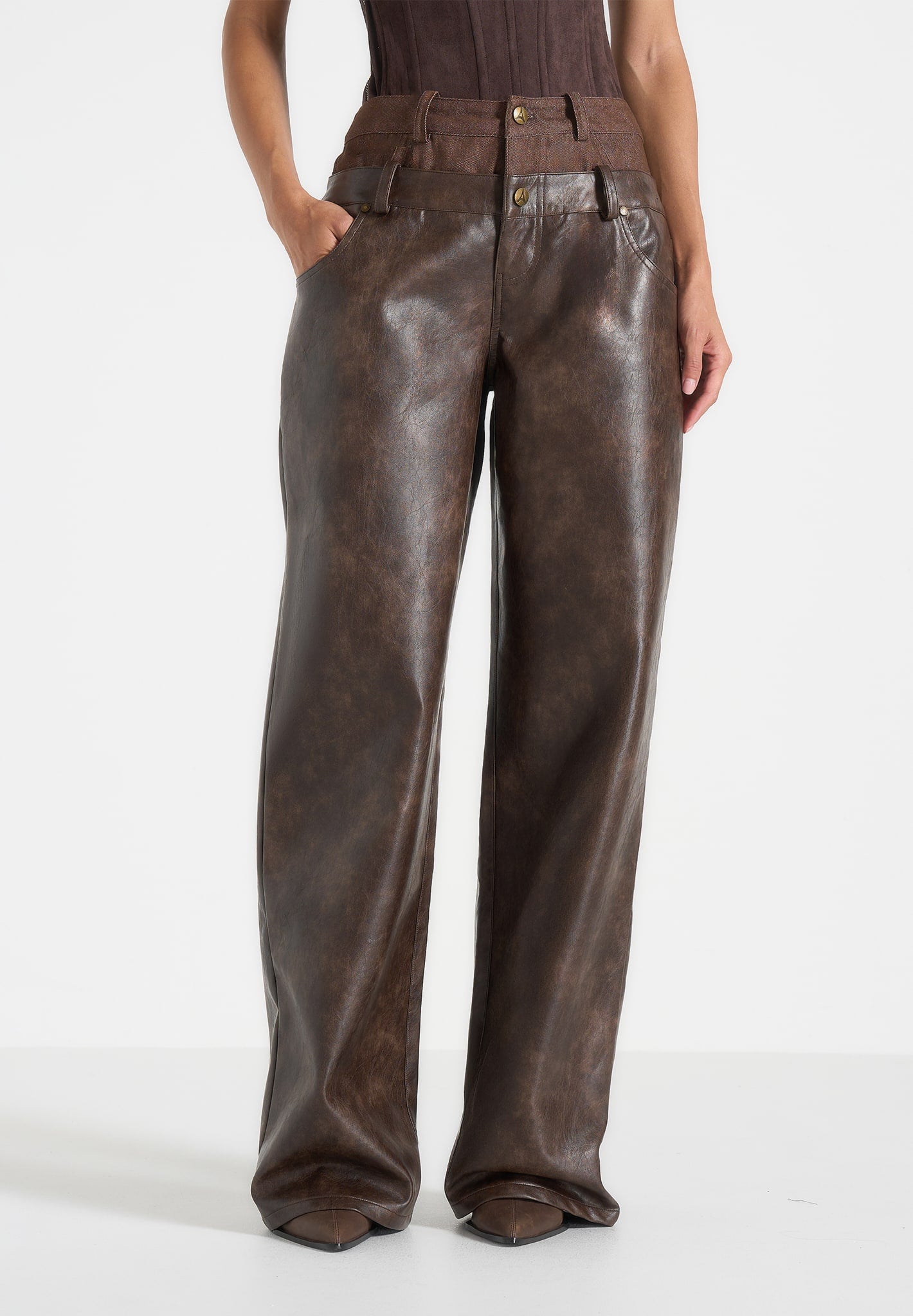 Carmen - Double Waistband Vintage Leather & Denim Trousers - Brown