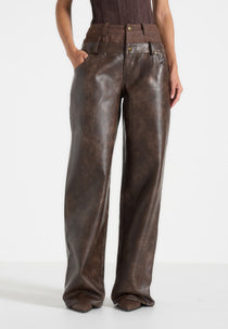 Carmen - Double Waistband Vintage Leather & Denim Trousers - Brown