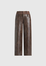 Carmen - Double Waistband Vintage Leather & Denim Trousers - Brown