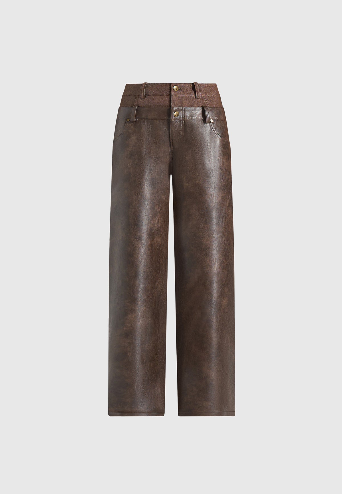 Carmen - Double Waistband Vintage Leather & Denim Trousers - Brown