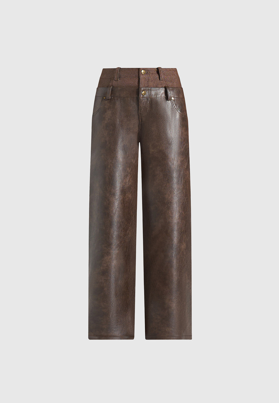 Carmen - Double Waistband Vintage Leather & Denim Trousers - Brown