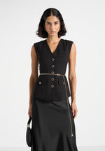 Nahla - Chain Belt Waistcoat Satin Maxi Dress - Black