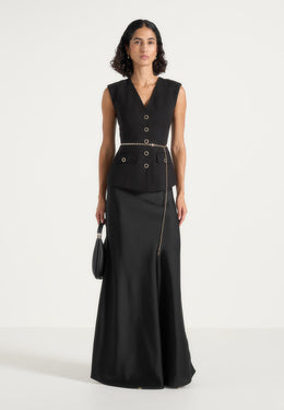 Nahla - Chain Belt Waistcoat Satin Maxi Dress - Black