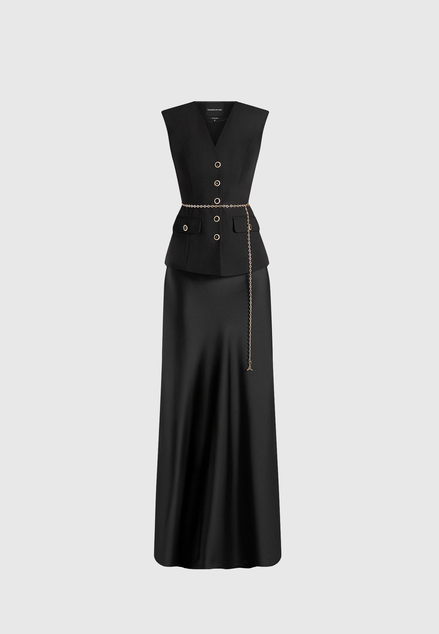 Nahla - Chain Belt Waistcoat Satin Maxi Dress - Black