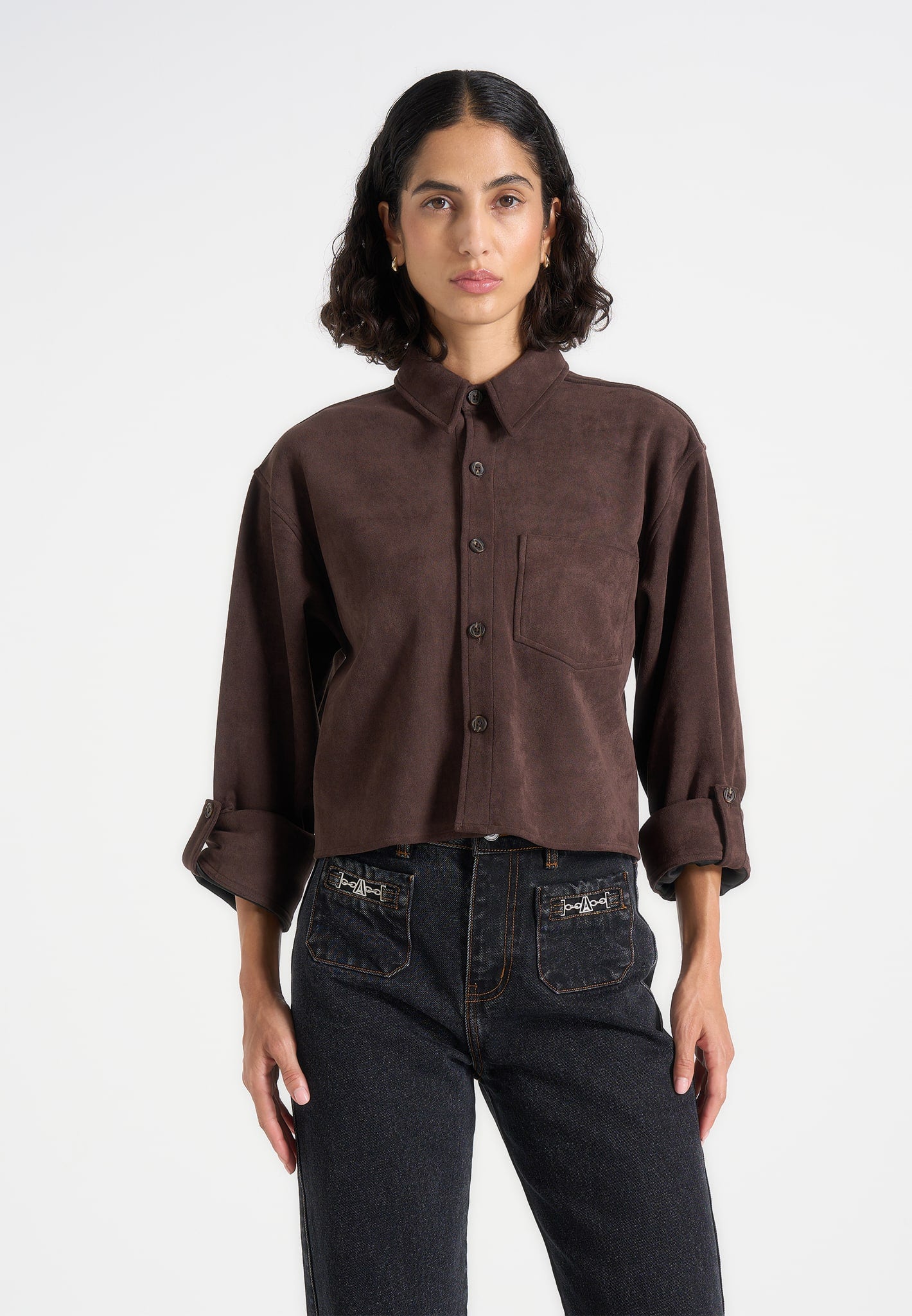 Maura - Oversized Cropped Roll Sleeve Suede Shirt - Brown