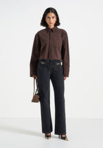 Maura - Oversized Cropped Roll Sleeve Suede Shirt - Brown