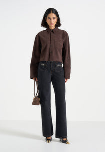 Maura - Oversized Cropped Roll Sleeve Suede Shirt - Brown