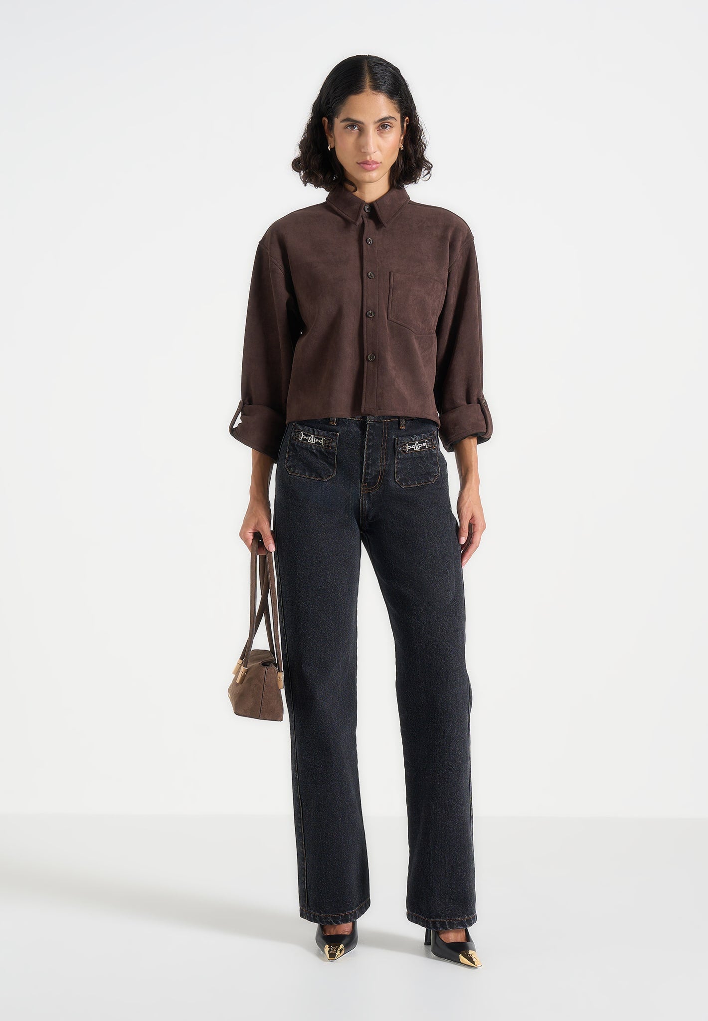 Maura - Oversized Cropped Roll Sleeve Suede Shirt - Brown